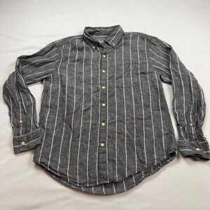 Alex Crane 100% Linen Striped Button Down Shirt Mens Large Charcoal Grey Striped